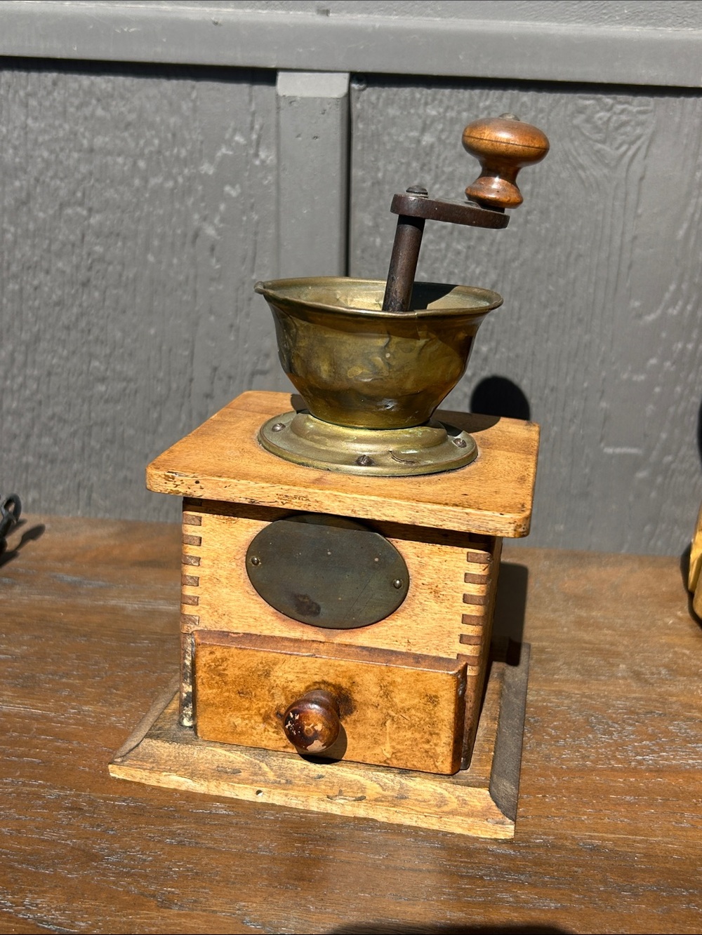Vintage Style Wooden Coffee Grinder with Brass Hopper - Brown